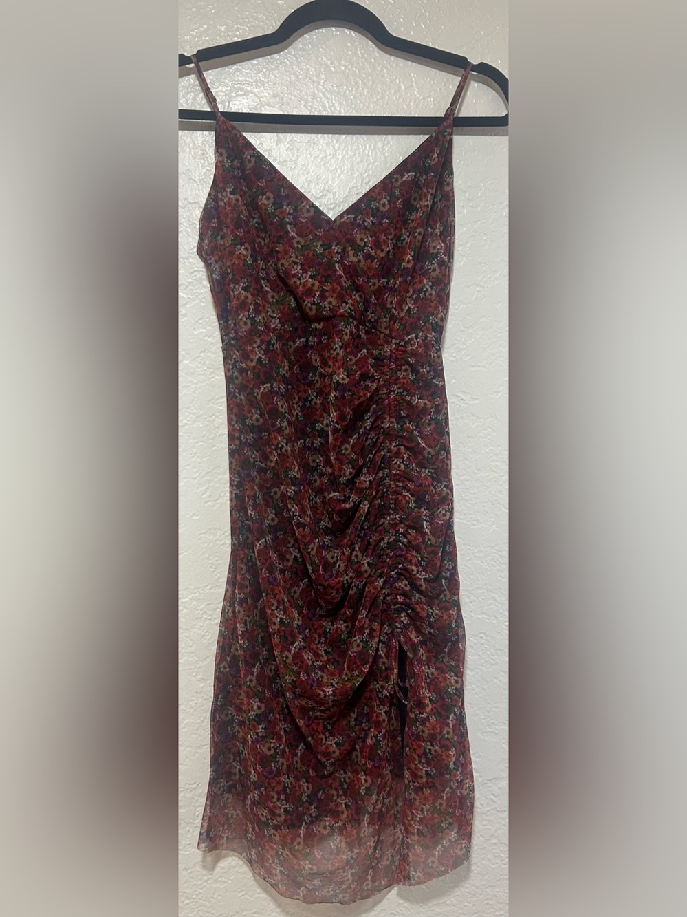 BCBGeneration Burgundy Floral Ruched Slip Midi Dress